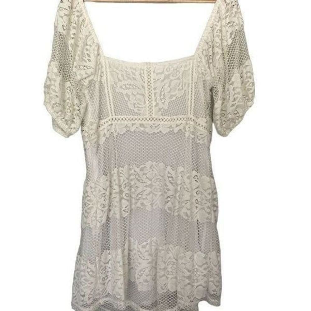 Free People Large White Lace Short Sleeve Mini Dress Event Bridal Shower Party